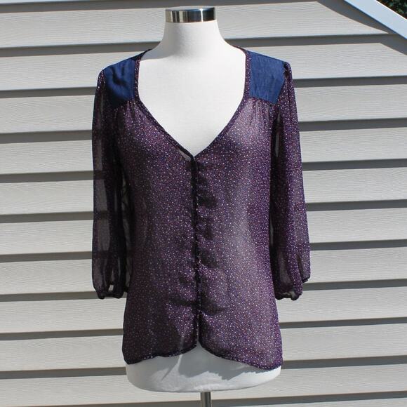 Lily Rose Women's Blouse Denim & Sheer Prairie Cottage Country Indie - Picture 6 of 13